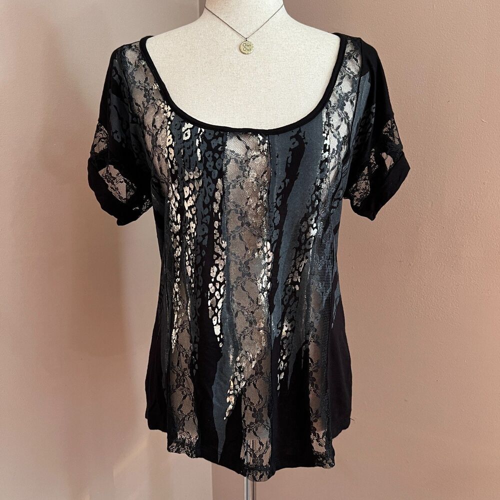 Whimsygoth Daytrip Black Lace Panel Top Size M Sheer Mesh Edgy Alt Goth Grunge